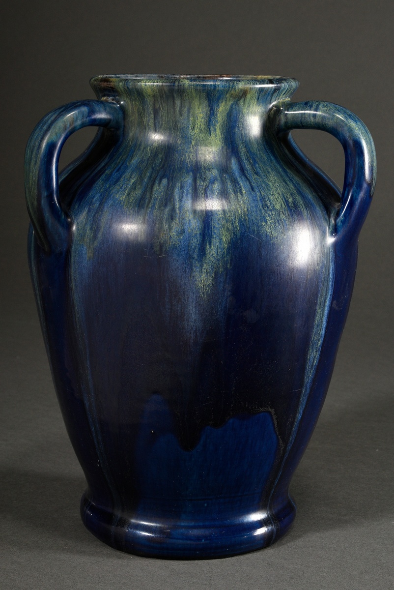 Large baluster vase with 3 handles and bulbous body, ceramic with blue gradient glaze, 1913-1929, b - Image 2 of 6