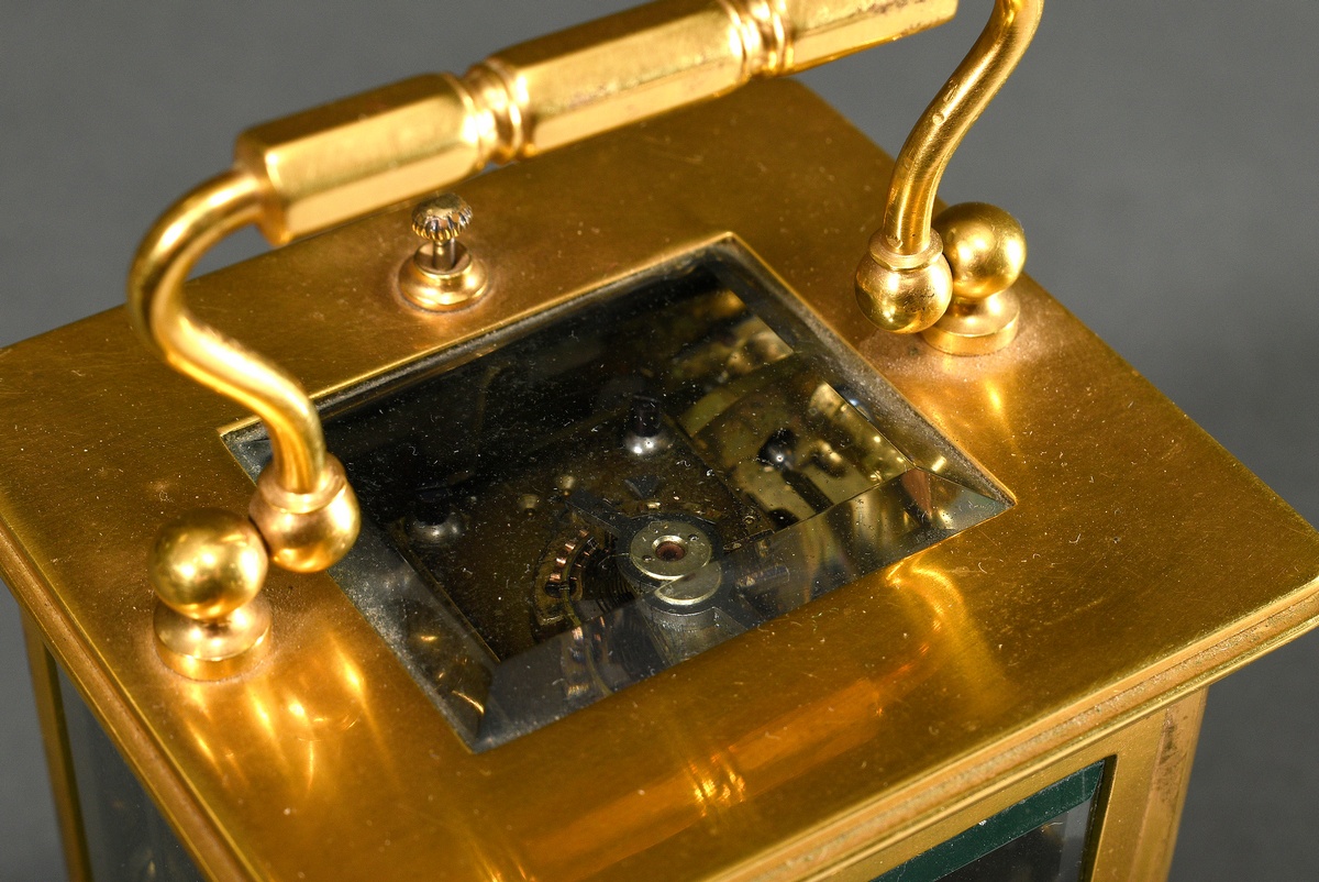 French travel alarm clock in all-round facet glassed and gilded brass case, enamelled dial with Rom - Image 6 of 7