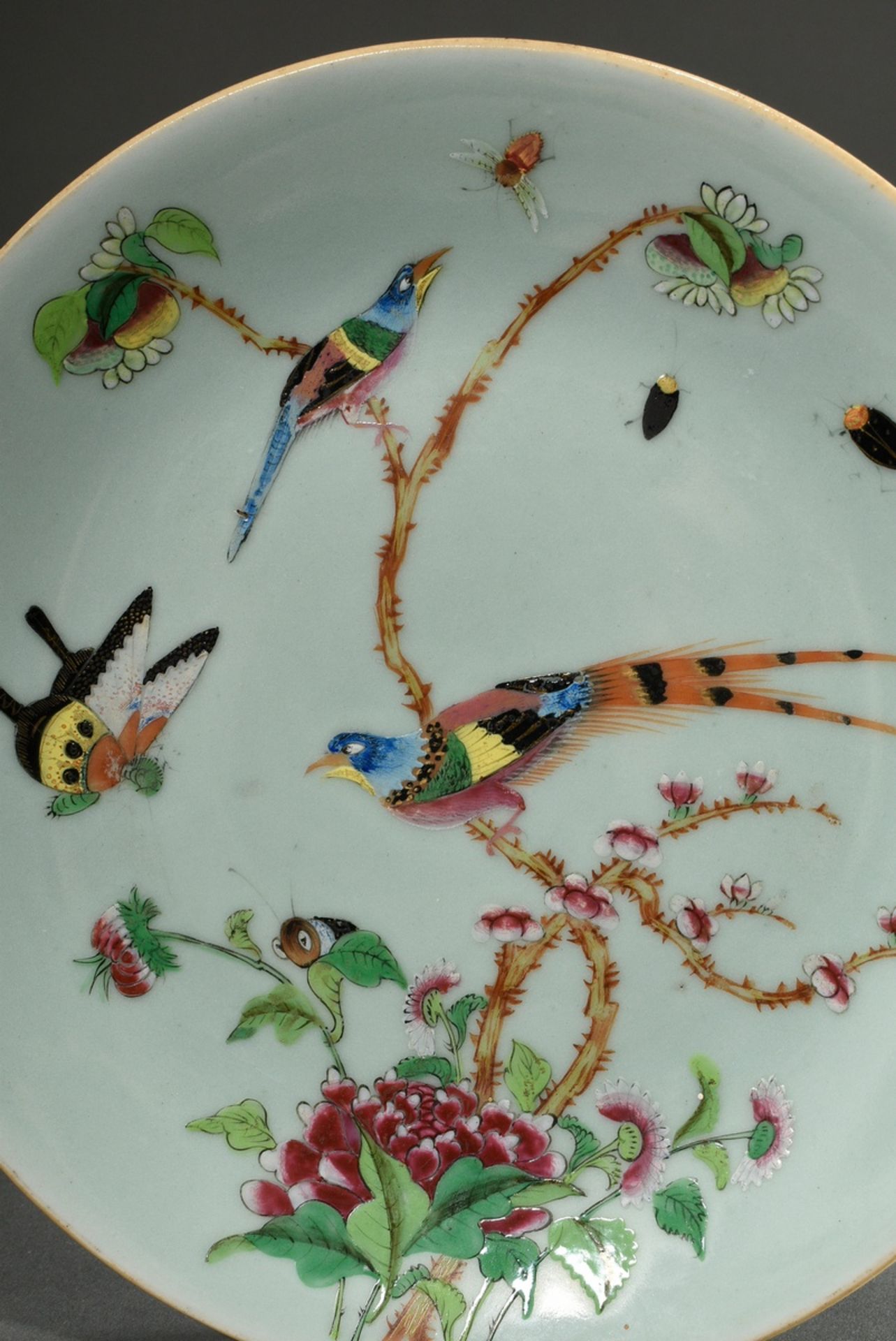 Pair of porcelain plates with polychrome enamel painting "Birds and Butterflies" on a delicate cela - Image 2 of 8