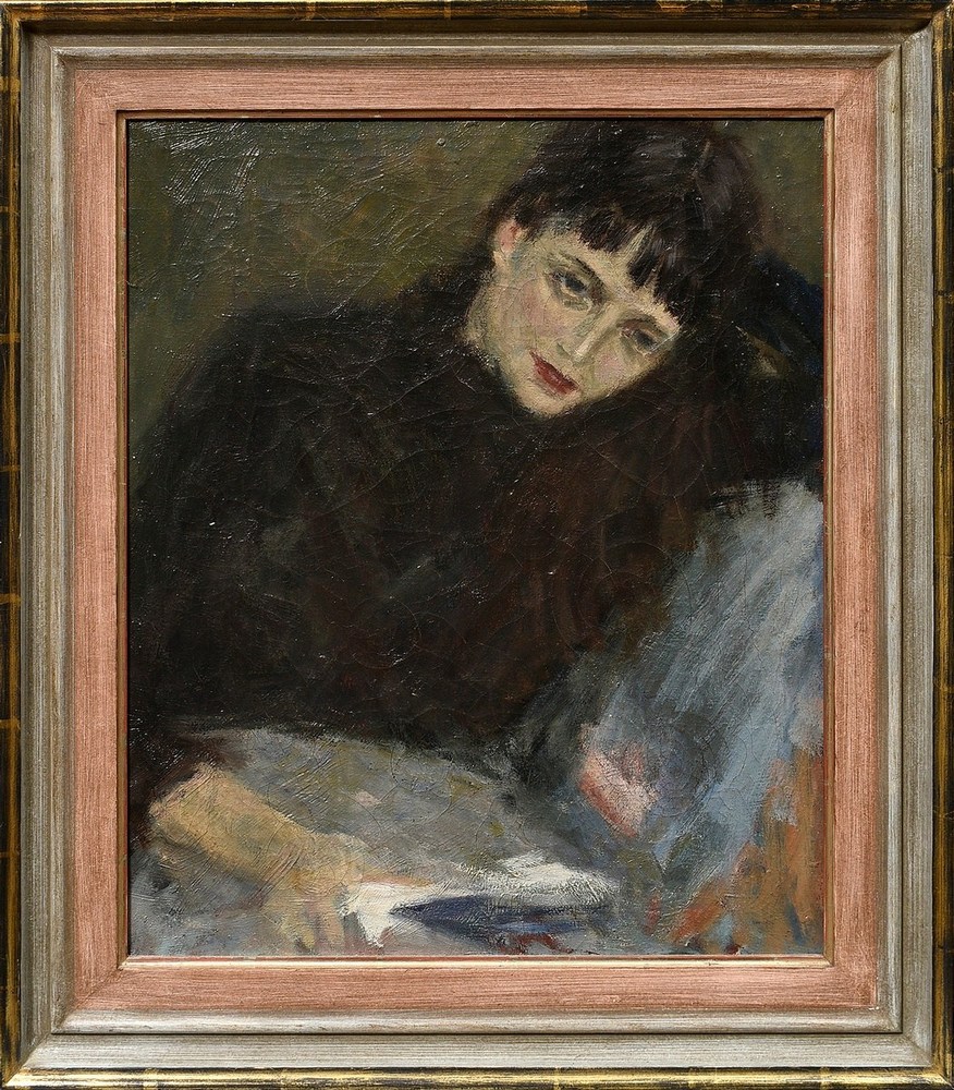 Unknown artist c. 1900 "Reading woman", oil/canvas, 50,5x40,7cm (w.f. 62,7x52,6cm), craquelé - Image 2 of 3