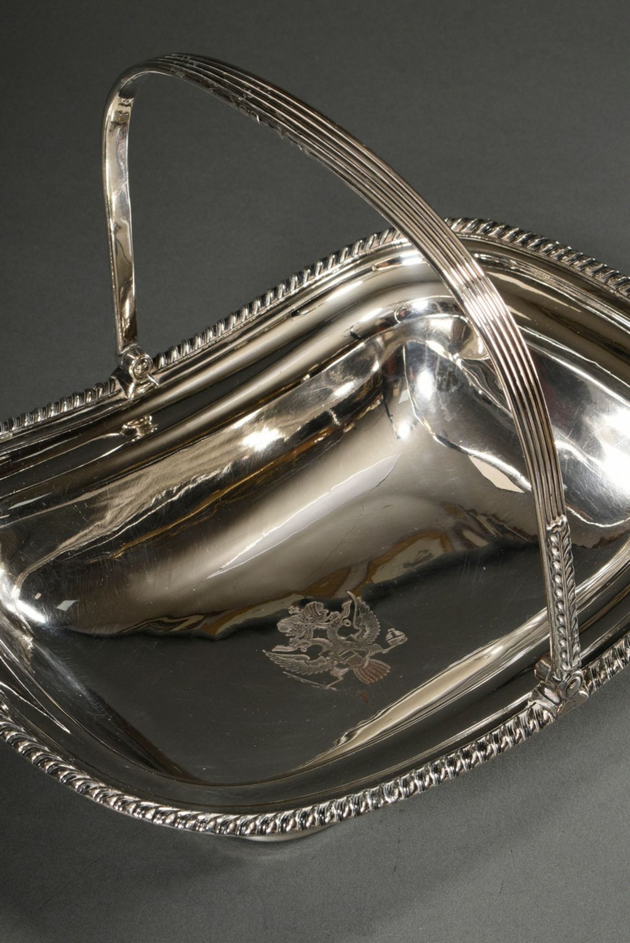 Large silver-plated pastry or fruit basket with hinged handle and grooved rim, engraved ‘Habsburg d - Image 2 of 8