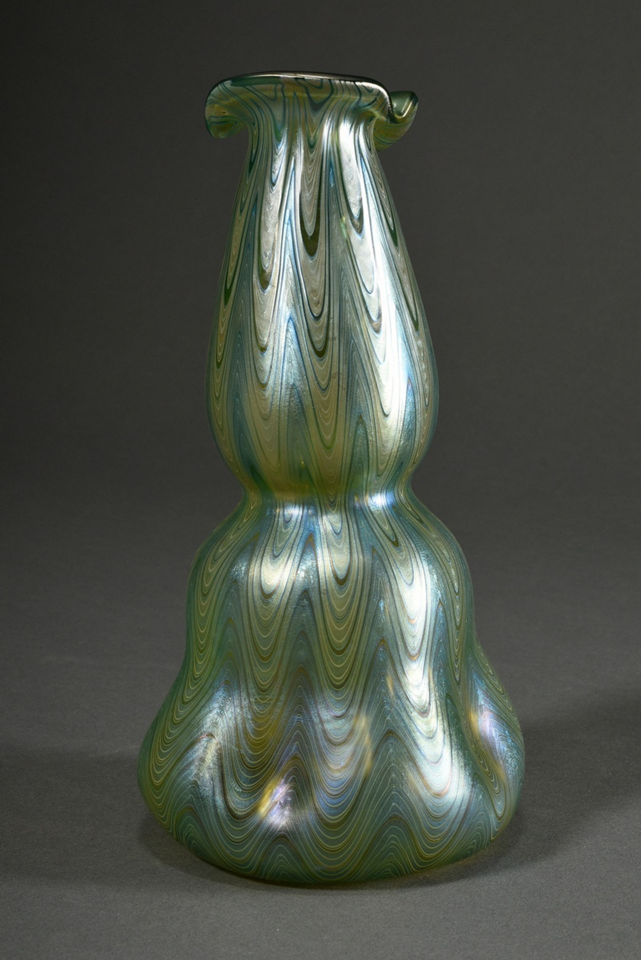 Loetz Wwe. double baluster vase with triple moulded body and irregular folded lip, green lustral wa - Image 2 of 4