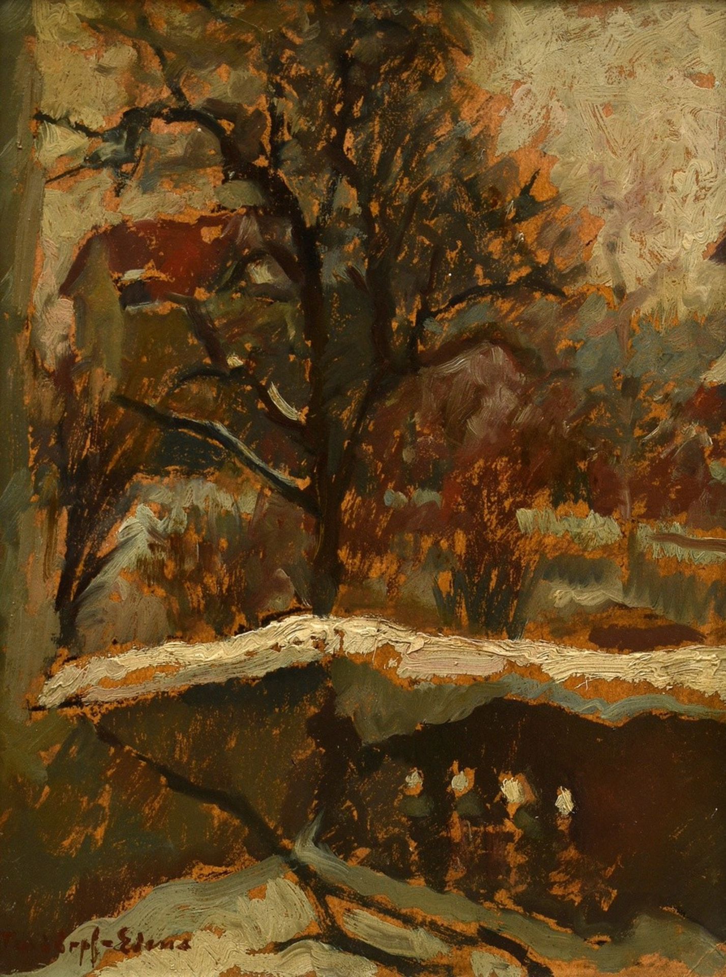 Tesdorpf-Edens, Ilse (1892-1966) "Terrasse im Winter", Öl/Malpappe, u.l. sign., Impressionisten Rah