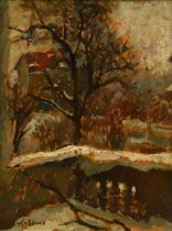 Tesdorpf-Edens, Ilse (1892-1966) "Terrace in Winter", oil/painting board, sign. lower left, Impress