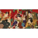 Toyohara (Yôshû) Chikanobu (1838-1912) "Theaterszene", Farbholzschnitte, Triptychon, sign. Chikanob