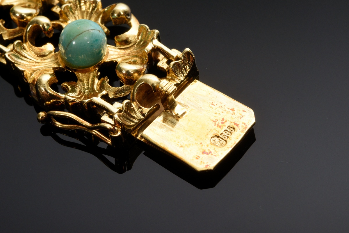 Vintage Gelbgold 585 Armband mit grünlichen Türkisperlen in ornamentalen Fassungen, 48g, L. 18,5cm - Bild 4 aus 4