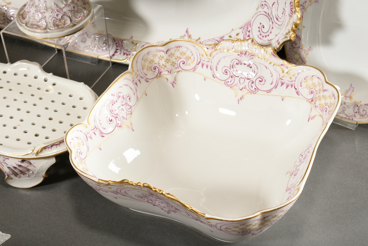 69 Pieces KPM dinner service in Rococo form with purple and gold staffage, red imperial orb mark, c - Image 13 of 22