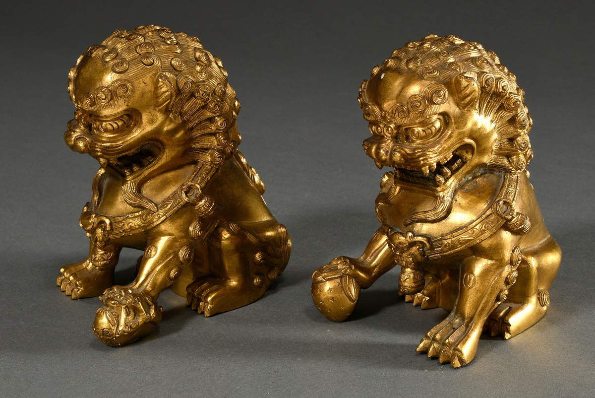 Pair of fire-gilt bronze Fo lions on angular cloisonné pedestals with polychrome borders and graphi - Image 7 of 9