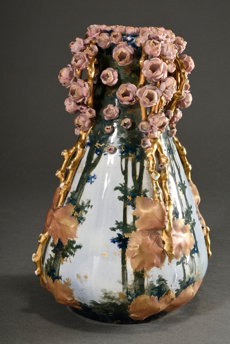 2 Various pieces of Art Nouveau ceramics with sculptural flowers and powdered gold decoration, Amph - Image 10 of 12