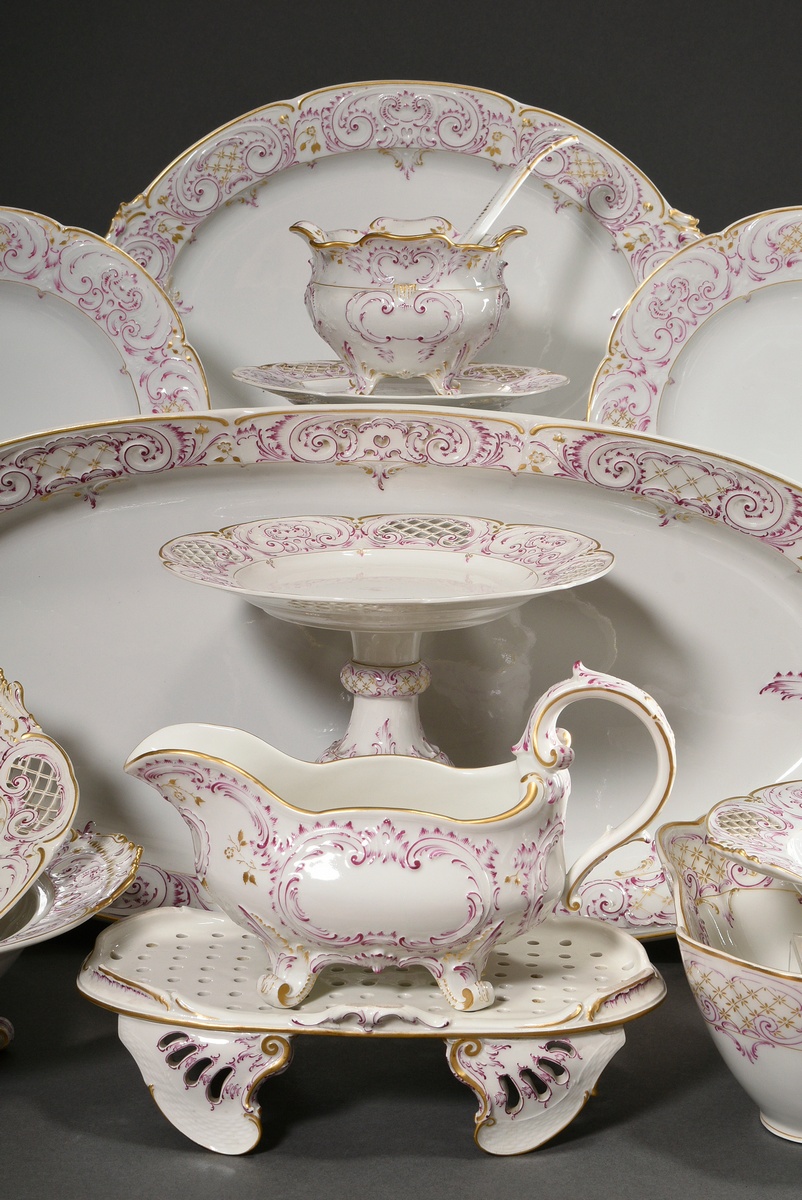 69 Pieces KPM dinner service in Rococo form with purple and gold staffage, red imperial orb mark, c - Image 2 of 22