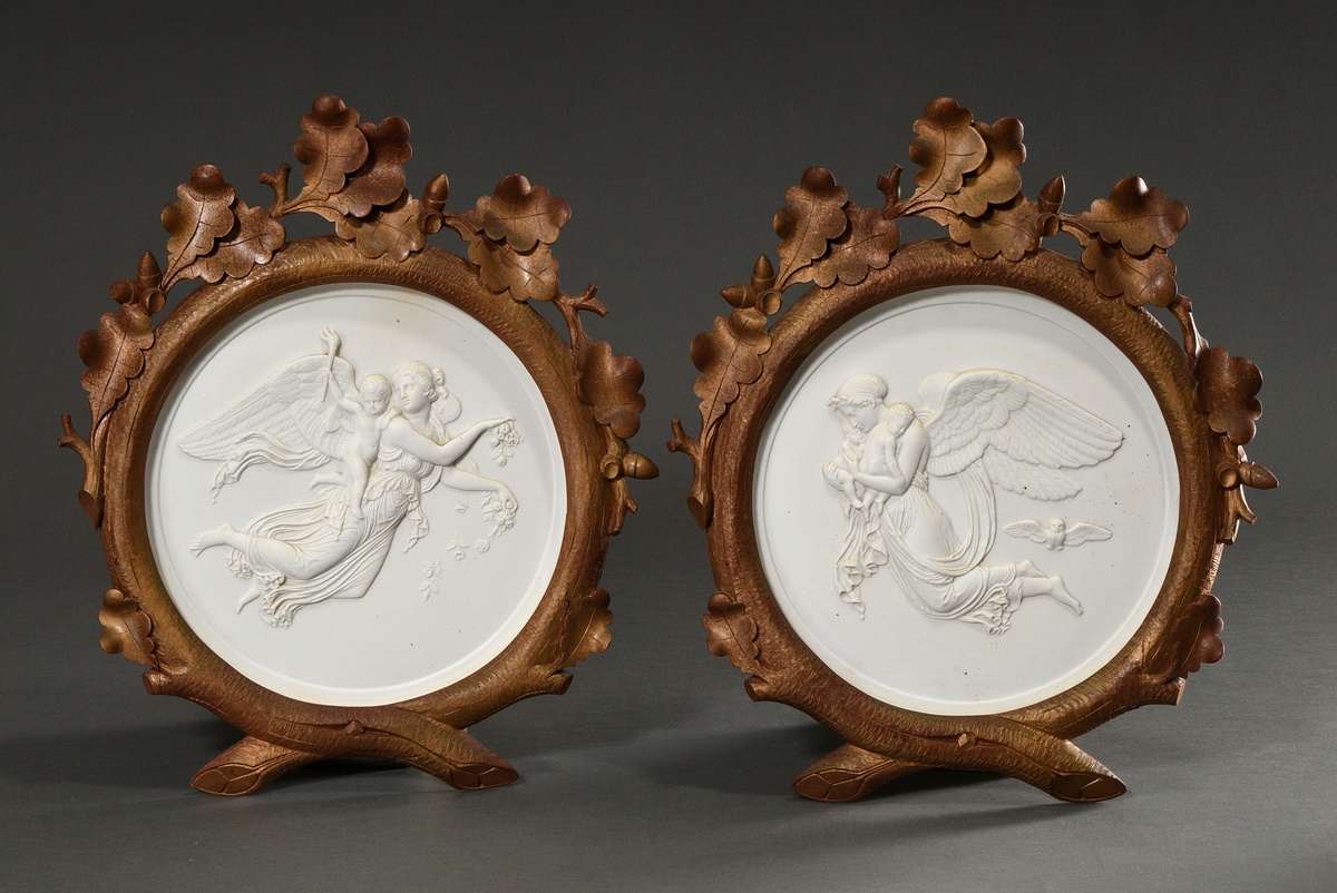 Pair of large Bing & Groendal bisque porcelain relief plaques "The Morning" and "The Night" after B