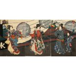 Utagawa Kunisada (1786-1865) "Drei Geishas vor Läden", Farbholzschnitte, Triptychon, sign. Kôchôrô 