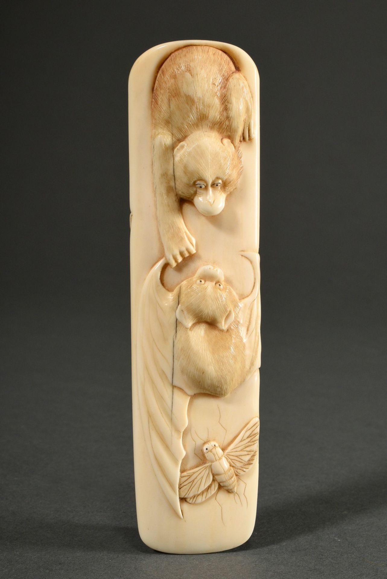 Fine ivory carving with semi-plastic animal depictions ‘monkey, bat and insect’, Japan, Meiji perio