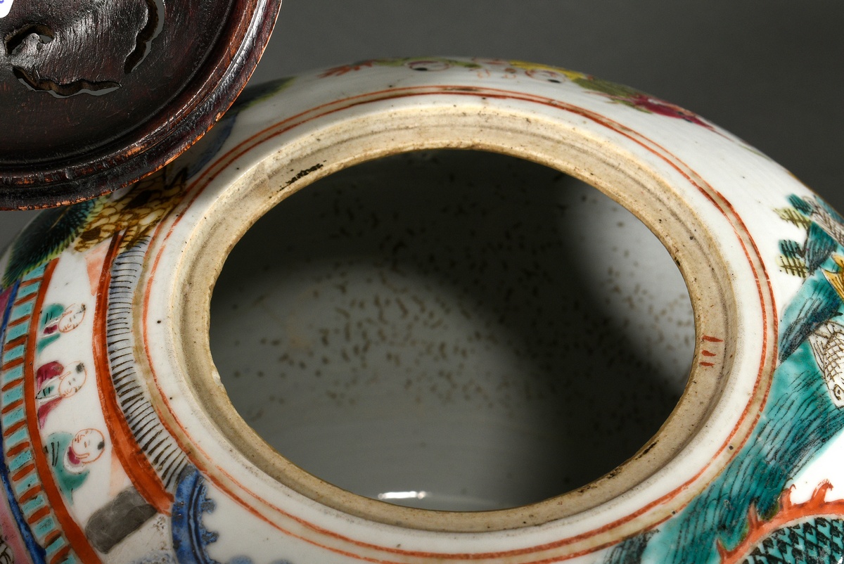 Bellied ginger pot with carved wooden lid and stand and polychrome painting "New Year's festival wi - Image 9 of 13