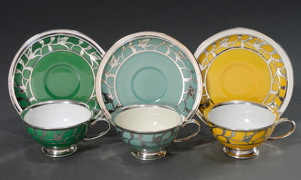 3 Various Rosenthal "Winifred" cups/saucer with floral silver overlay on blue, green and yellow gro