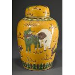 Sancai lidded pot with incised drawing and polychrome glaze "mythical creatures and clouds", blue d