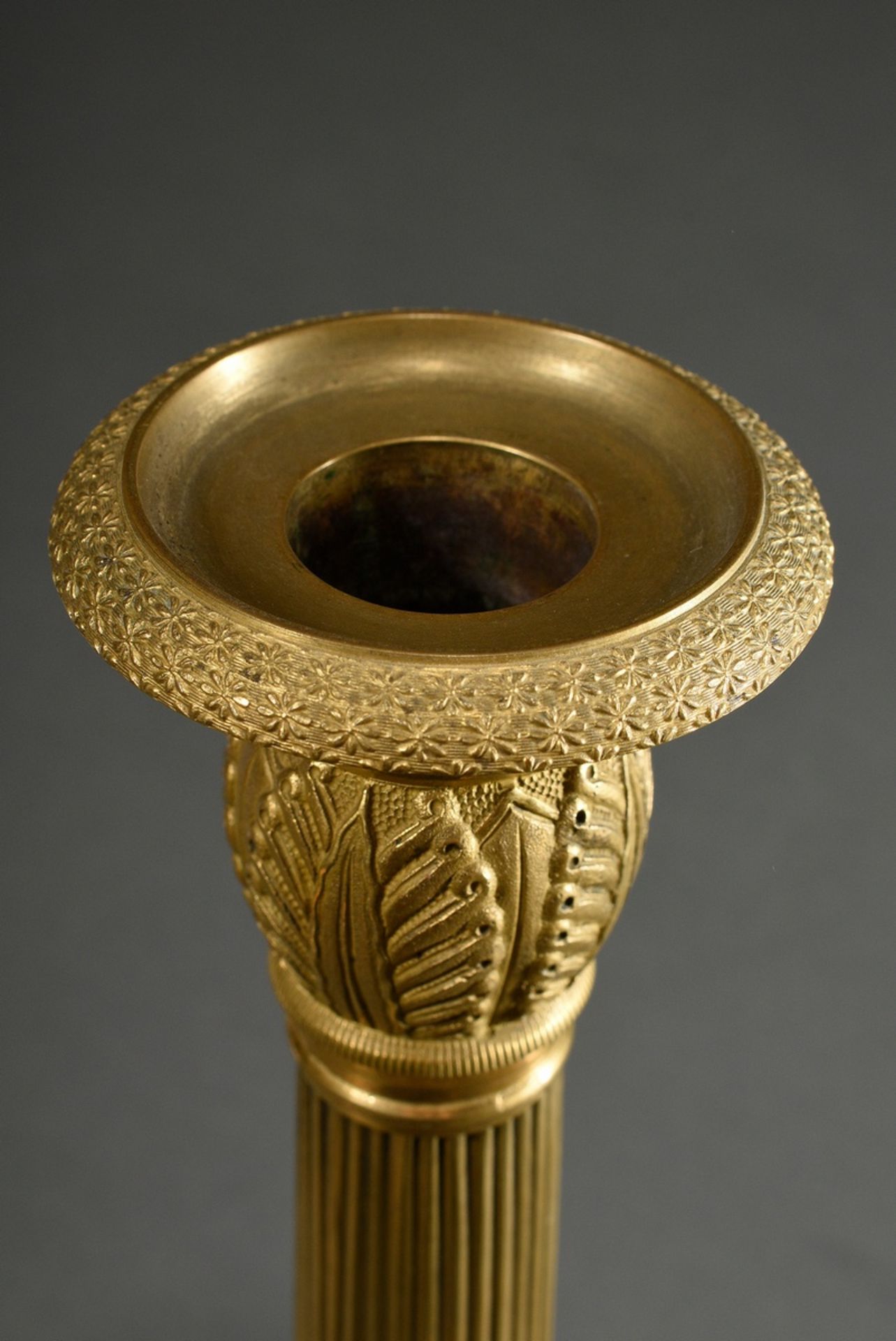 Empire column chandelier in gilt bronze with fluted shaft and leaf friezes on a round base, France, - Image 2 of 4