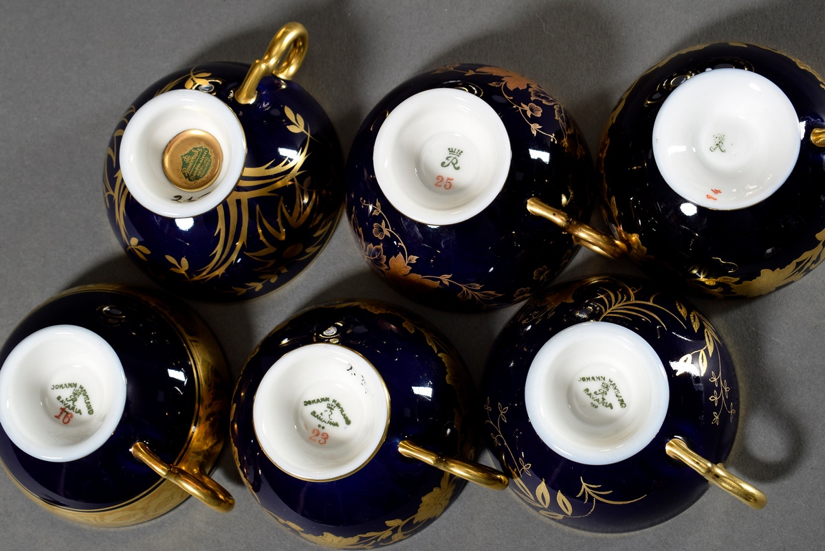 6 Various moch cups/saucers with different floral gold decorations "tendrils" on a cobalt blue back - Image 3 of 3