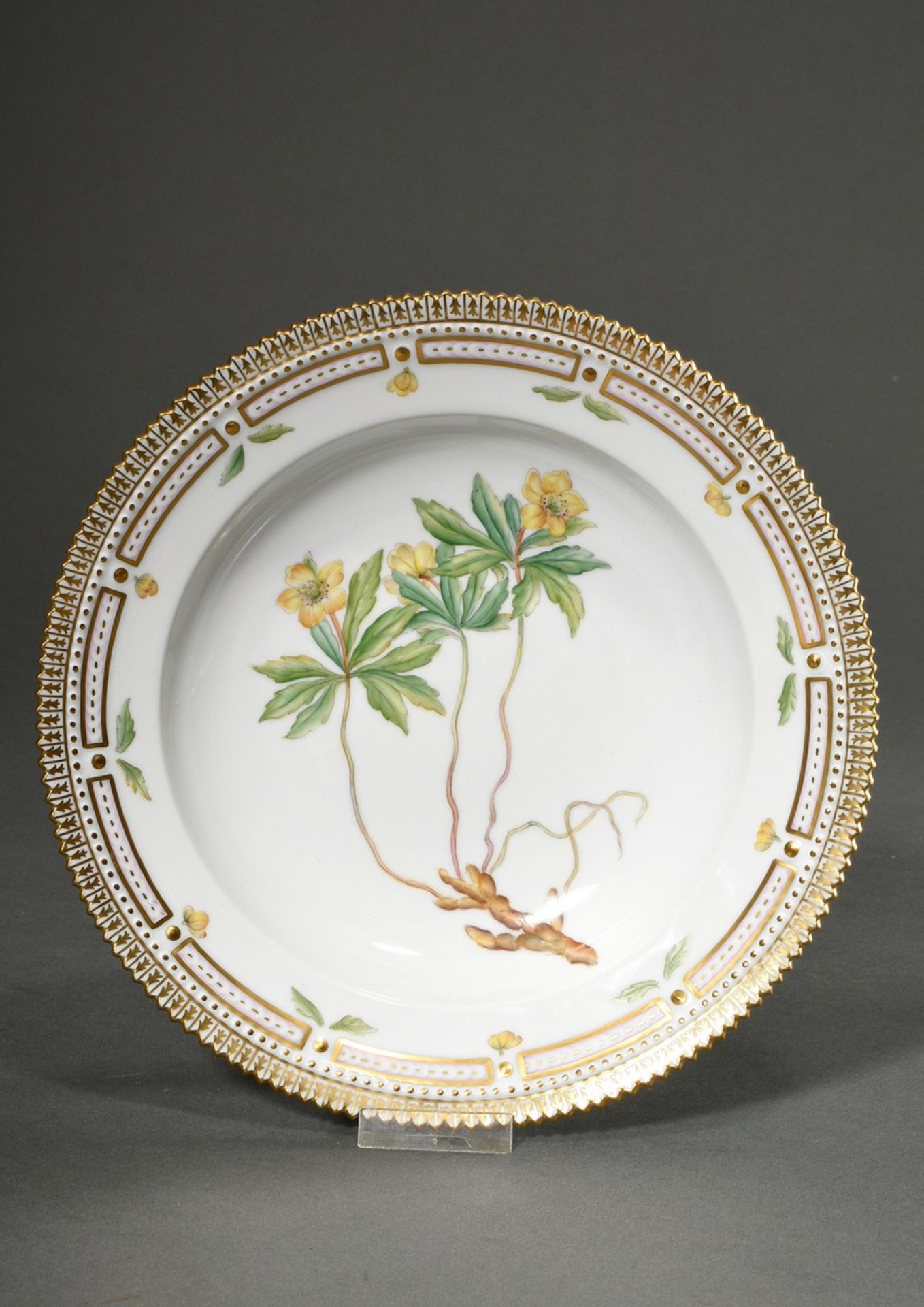 Royal Copenhagen "Flora Danica" soup plate with polychrome painting in the mirror, gold staffage an - Image 5 of 6
