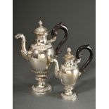 2 Various Empire jugs with figural spout and grooved profile on an ovoid body, black wooden handles