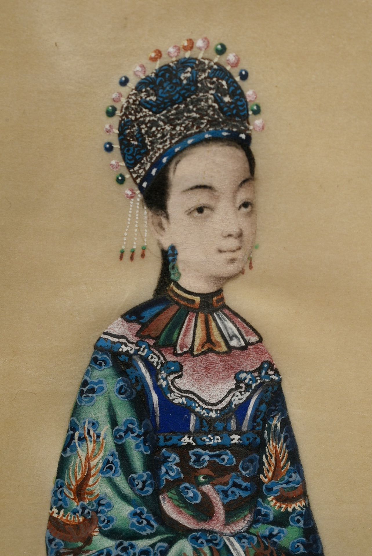 A pair of fine tsuso paintings "Mandarin and Chinese lady", gouache on marbled paper, Canton c. 183 - Image 7 of 7