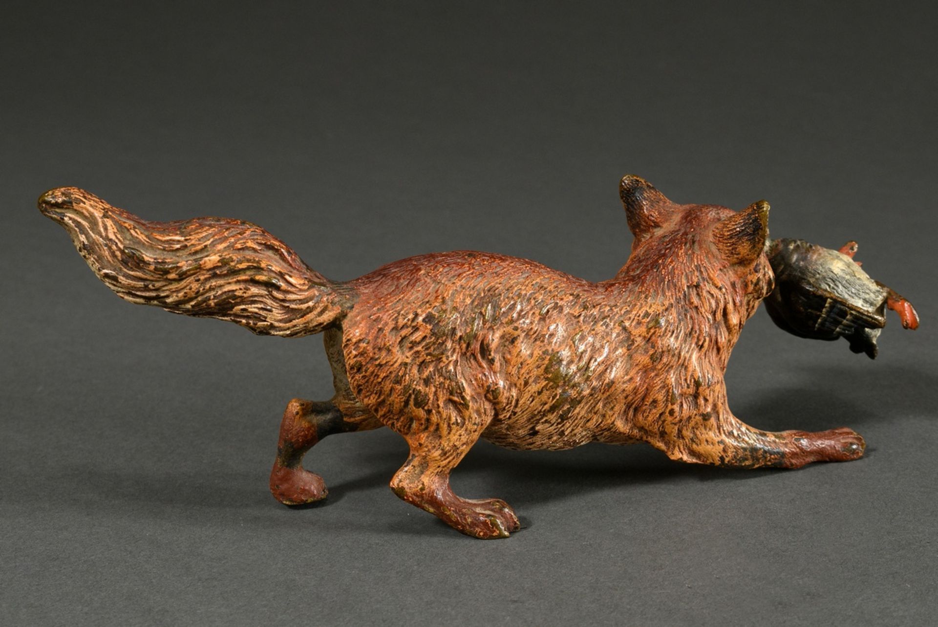 Viennese bronze "Fox with duck in mouth", naturalistically painted, unsigned, 6.5x20.5cm, partially - Image 2 of 4