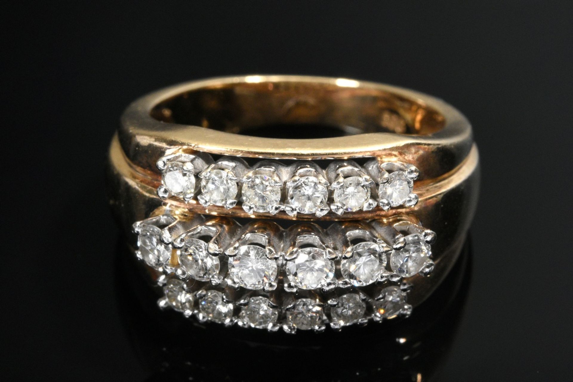 Three-row Midcentury yellow gold 585 ring with three brilliant-cut diamond bars (together approx. 1 - Image 2 of 3