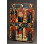 Greek icon "Six Saints", early 19th century, egg tempera/chalk ground on wood, 43x28cm, traces of a