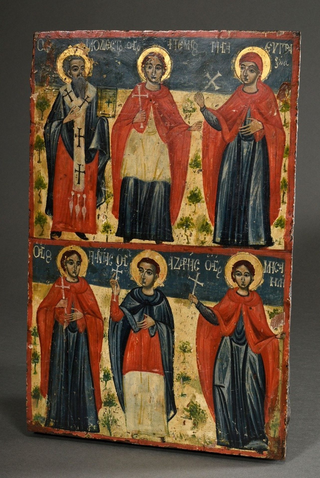 Greek icon "Six Saints", early 19th century, egg tempera/chalk ground on wood, 43x28cm, traces of a