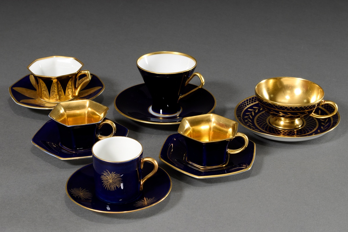 6 Various moch cups/saucers with different floral-ornamental gold decorations "tendrils" on a cobal - Image 2 of 3