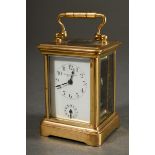 French miniature travel alarm clock in all-round glassed brass case, enamelled dial with Arabic num