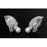 Pair of midcentury platinum 950 stud earrings in leaf shape with brilliant-, baguette- and octagona