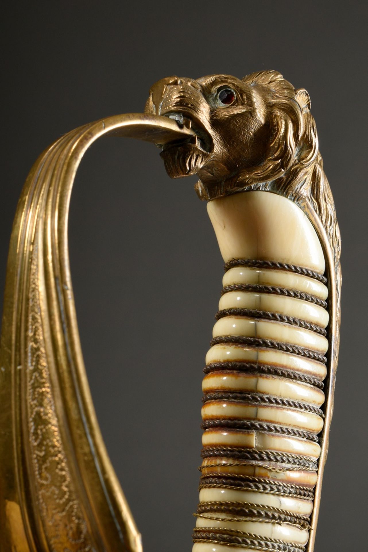 Prussian lion head sabre for the navy, bright damascus blade, maker's mark "W.K.&C." and two marks, - Image 2 of 17