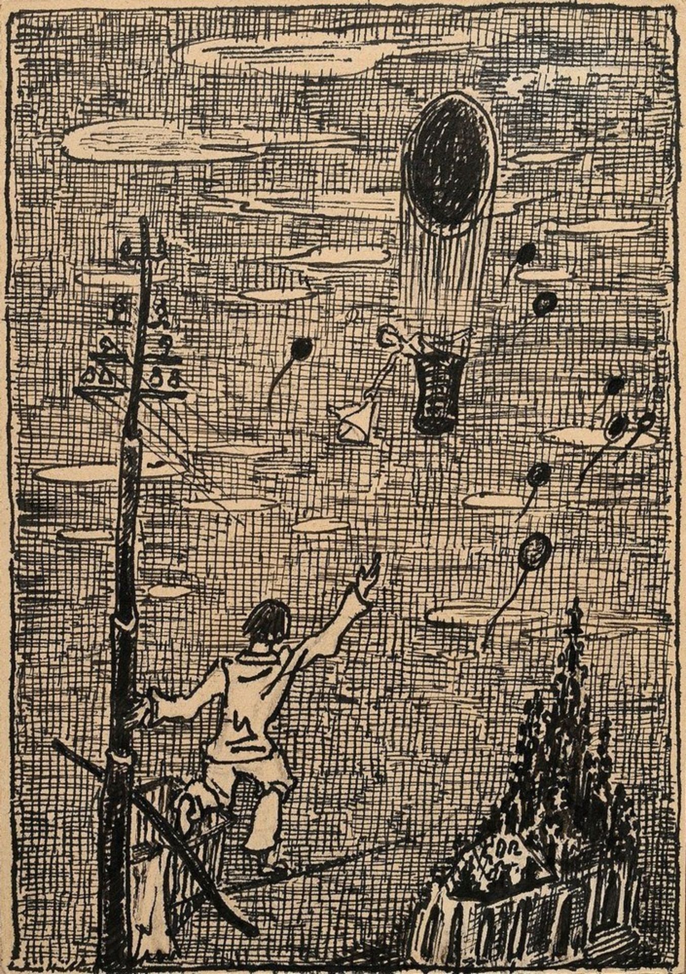 Hüther, Julius (1881-1954) "Abschied (Auer Dult)", Tinte, u. sign., auf Karton montiert, verso bez.
