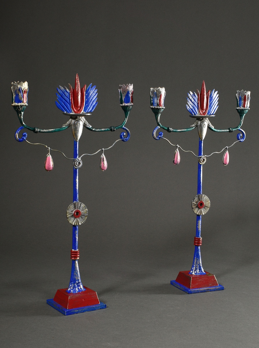 Pair of Casenove, Pierre (* 1943) ‘Aria’ girandoles, 2 flames, cast metal, painted in colour, with 