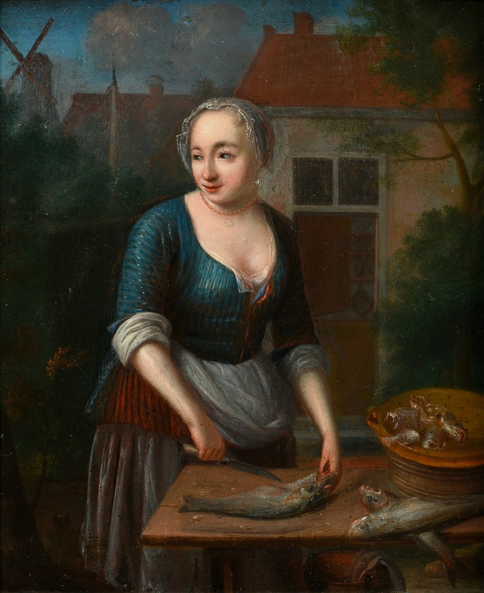 Mieris, Willem van (1662-1747) zugeschr. "Fischhändlerin", Öl/Holz, verso bez. u.a. "Cert= Dr. M.J.