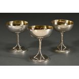 3 Chinese goblets on a three-legged bamboo trompe l'oiel base, MM: Wang Hing, silver, gilt inside, 