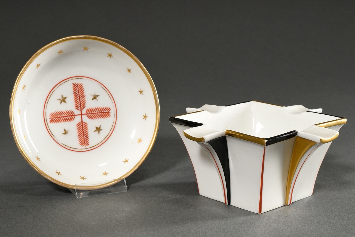 2 Various pieces KPM ashtray and small plate with iron red, black and gold decoration, red imperial