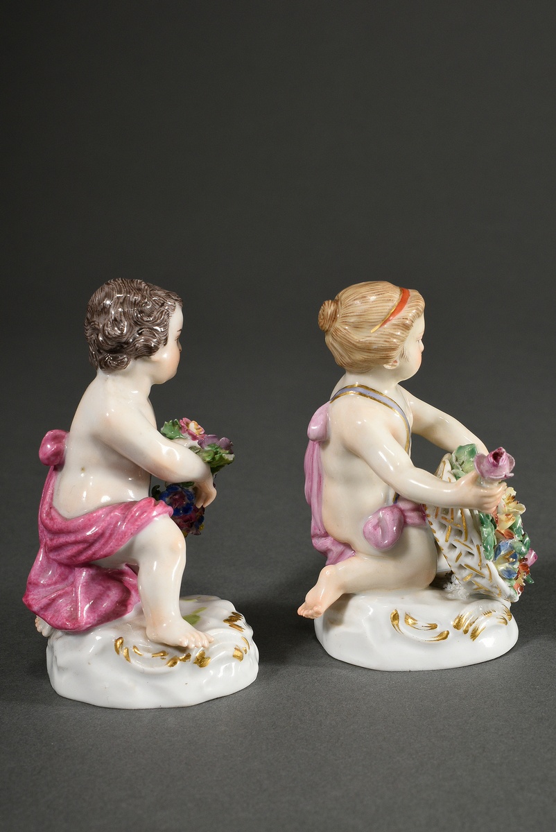2 Meissen figures "Flower Children": boy with flower garland and girl with flower basket on rocaill - Image 3 of 6