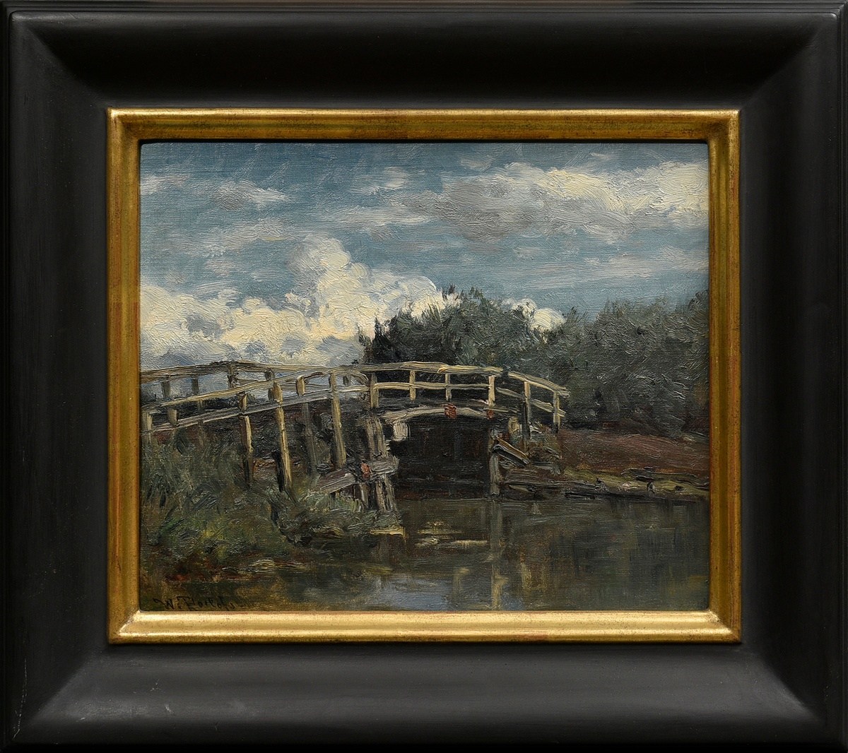 Roelofs, Willem (1822-1897) "Pont in Gouda" 1884, oil/canvas on wood, sign. lower left - Image 2 of 4