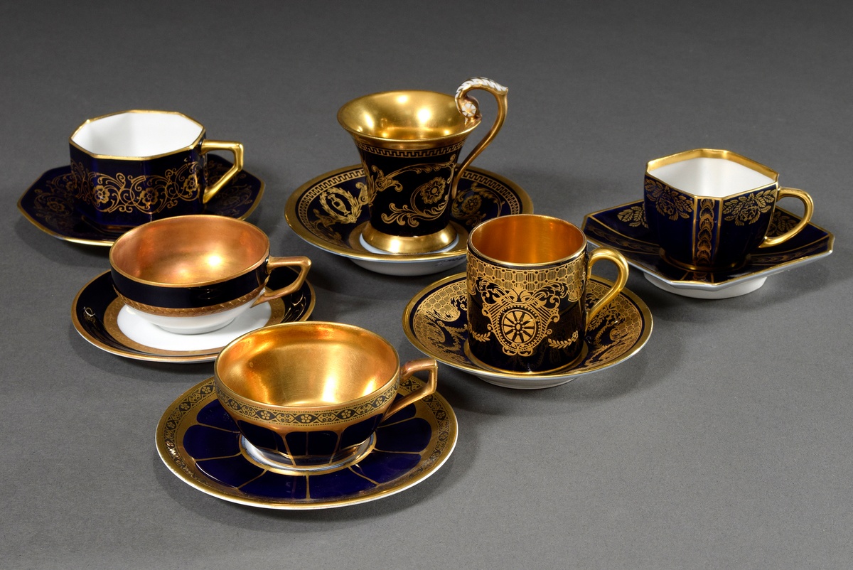 6 Various mocha cups/saucers with different classicistic gold decorations on a cobalt blue backgrou - Image 2 of 3