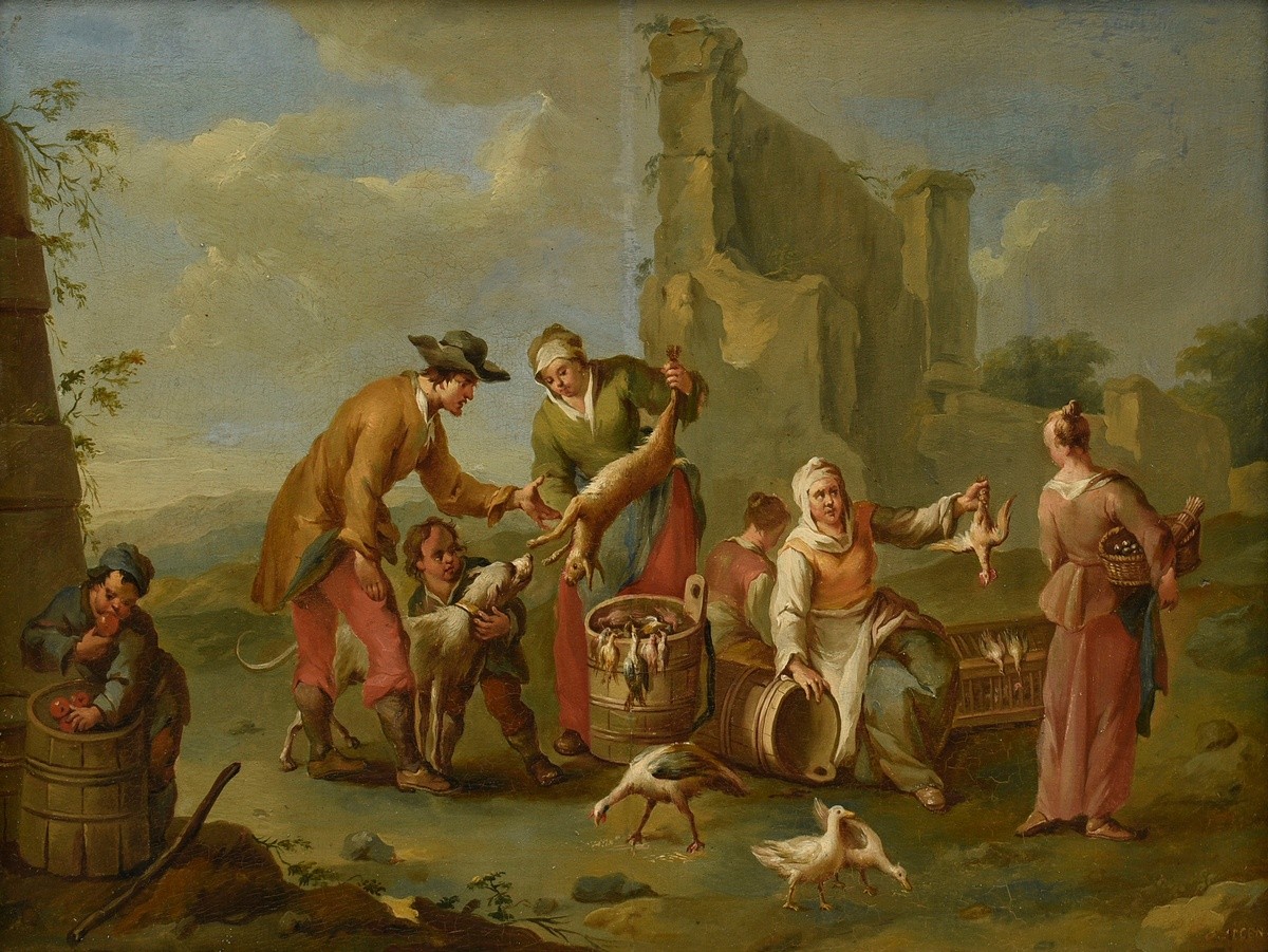 Aigen, Karl Joseph (1684-1762) „Marktszene mit Fleischhändlern“, Öl/Holz, u.r. sign., vergoldeter P