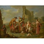 Aigen, Karl Joseph (1684-1762) „Marktszene mit Fleischhändlern“, Öl/Holz, u.r. sign., vergoldeter P