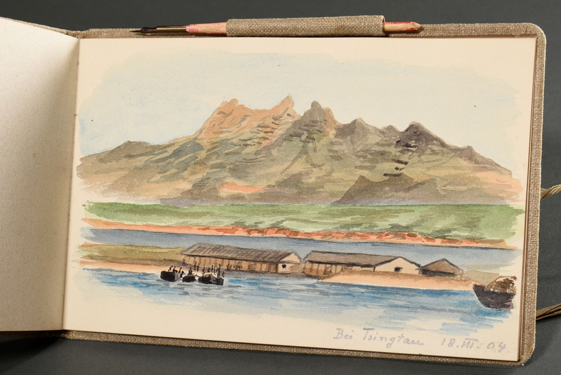 Album "Reise nach China 1904", Gouache/Aquarell/Bleistift, 37 Blätter mit Ansichten von Spanien bis