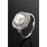 Art Deco Platin Ring mit Zuchtperle in oktogonaler Brillantlünette und kleinen Achtkant Diamanten a