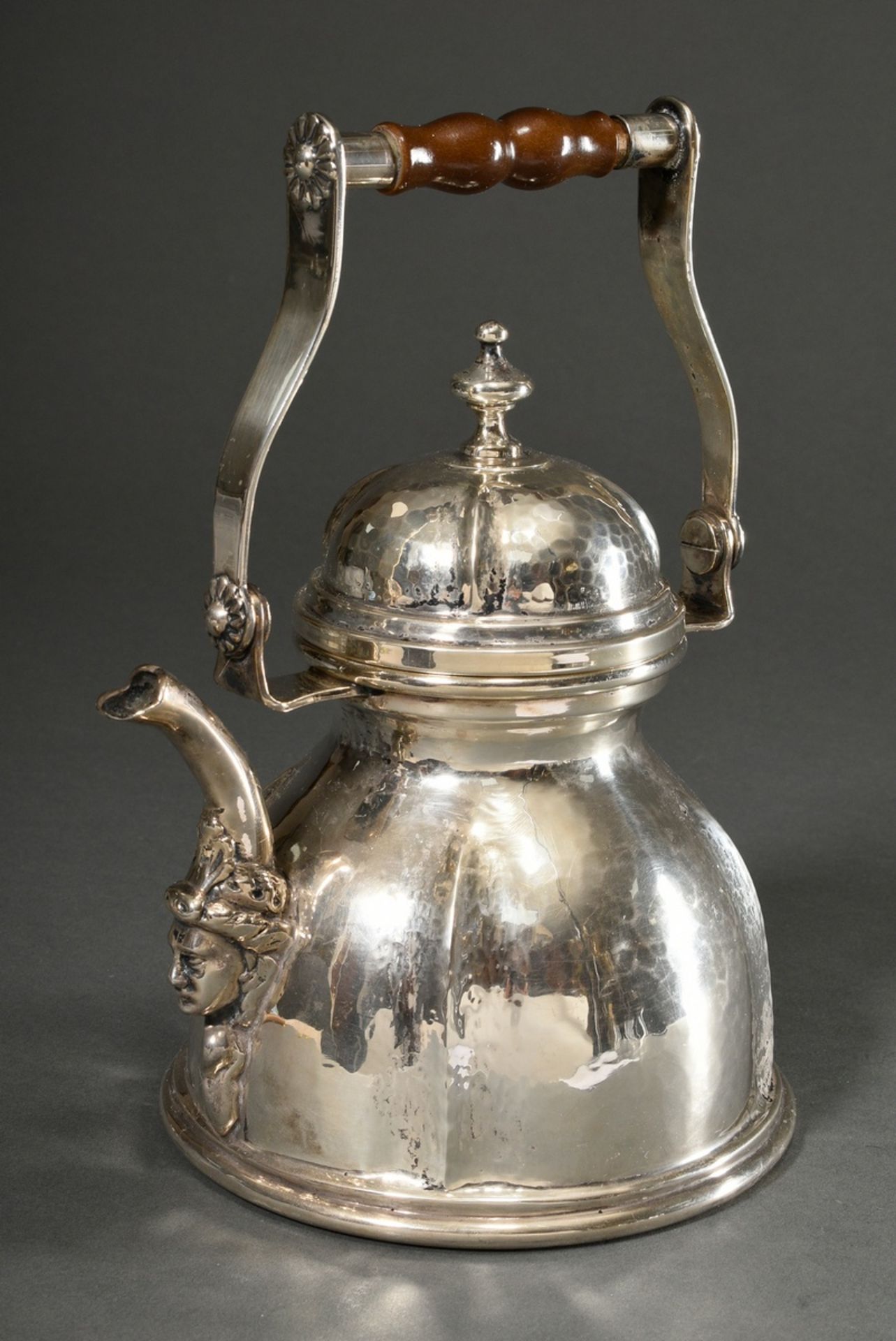 Water kettle after an old model with hinged lid, movable wooden handle and sculpted head on the spo - Image 2 of 8