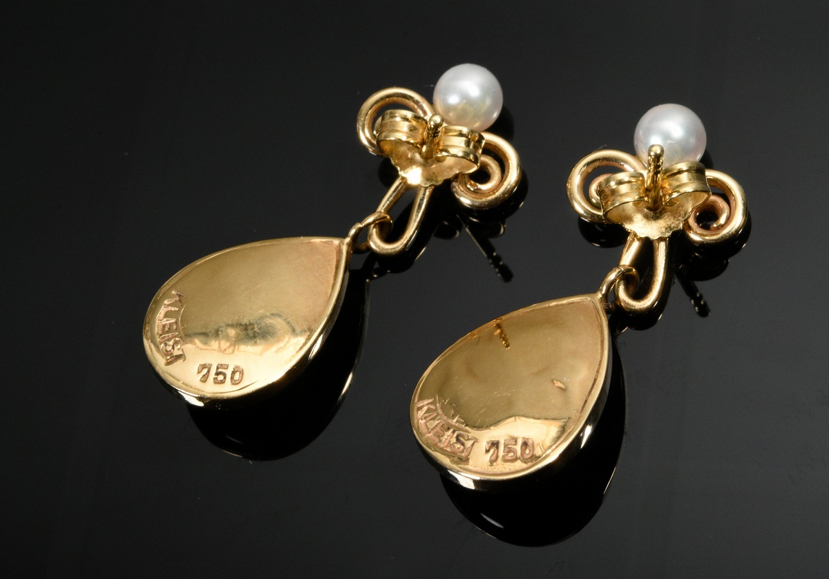 Pair of yellow gold 750 earrings with small cultured pearls and transparent moonstone cabochons wit - Image 2 of 3