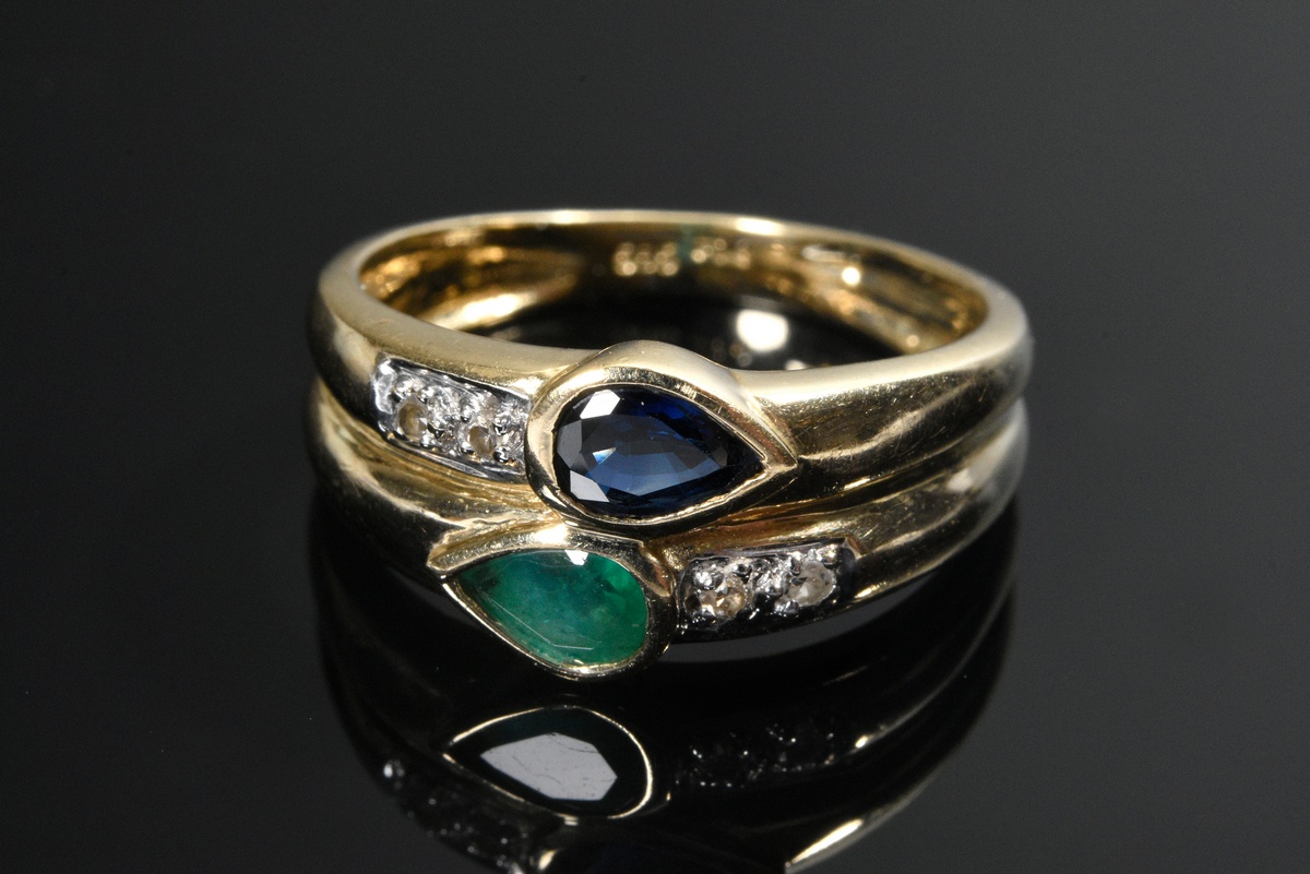 Modern yellow gold 585 ring with sapphire and emerald drops and small octagonal diamonds, 2.8g, siz - Image 3 of 3