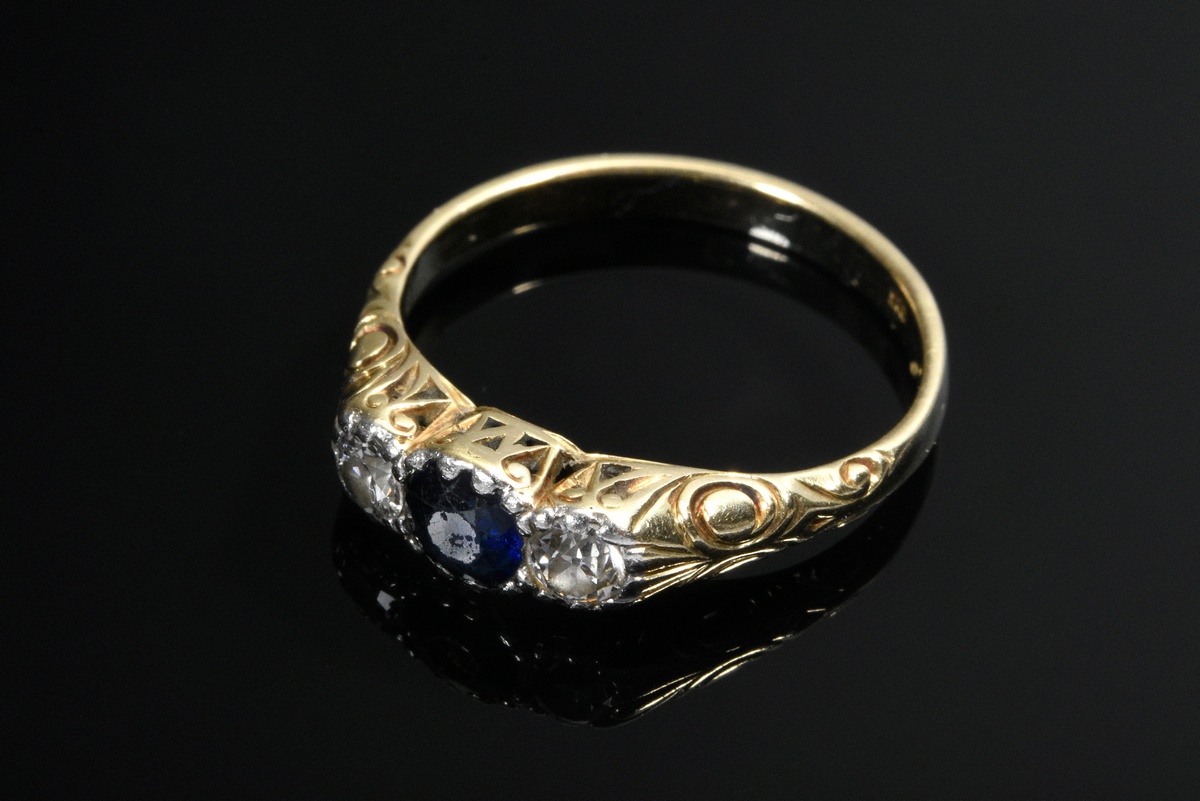 Antique yellow gold 585 pre-stud ring with sapphire and 2 old-cut diamonds (together approx. 0.20ct - Image 2 of 4