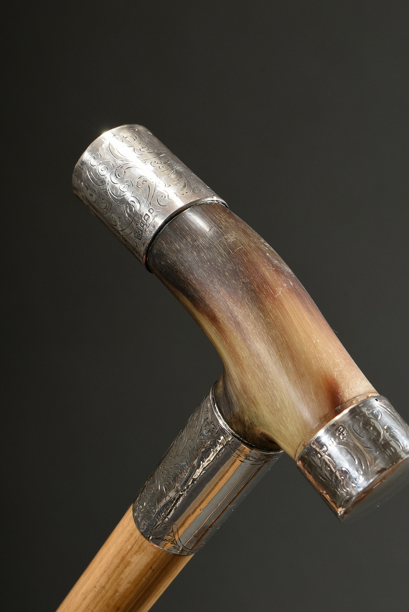 Walking stick with horn fritz crutch and florally chiselled mountings in silver 925, Feldman & Bros - Image 3 of 7